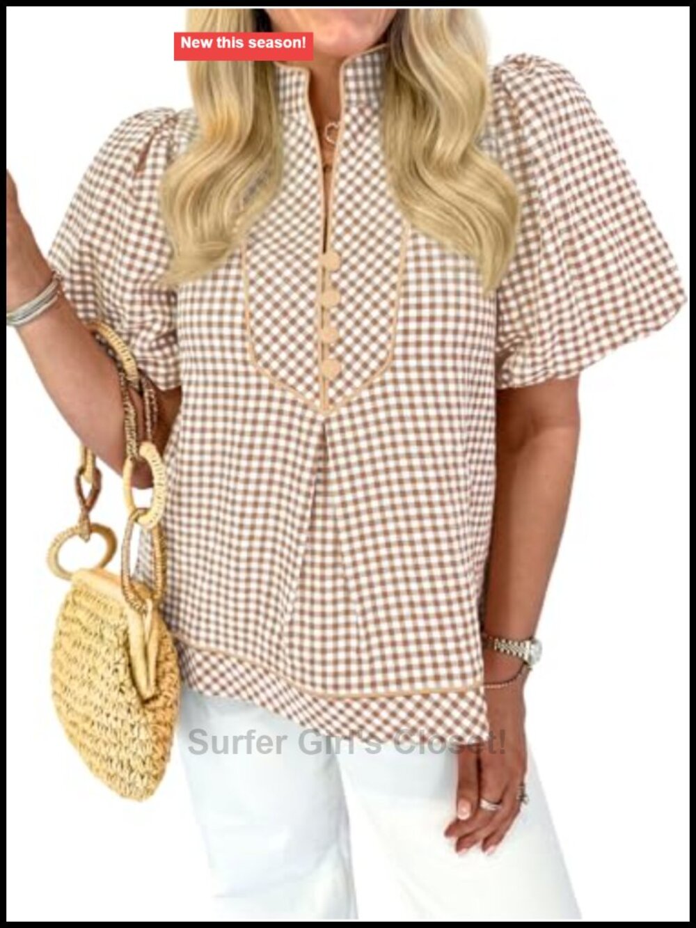 Puff Short Sleeve Gingham Button Down Blouse V Neck Top